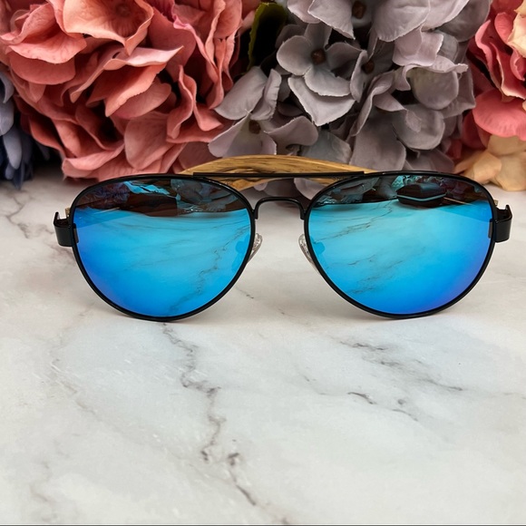 KINGSEVEN Natural Zebra Wood Blue Mirrored Polarized Aviator Sunglasses - Picture 7 of 16